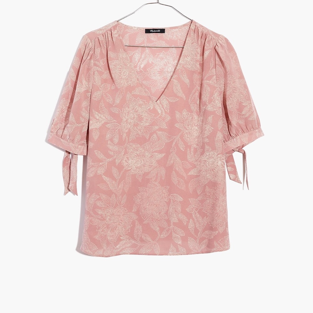 NWT Madewell 100% silk blouse top S M AN978 Silk V-Neck Tie-Sleeve Pindot Blooms